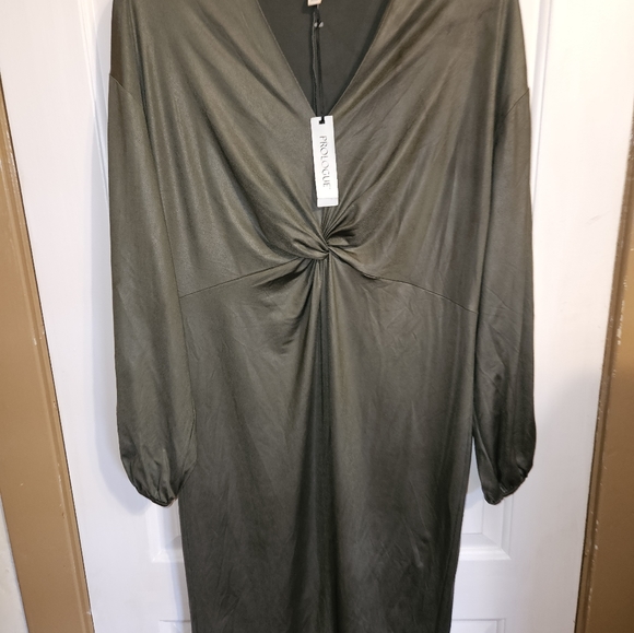 Prologue twist-front stretchy shiny dress olive green sz S - Picture 5 of 8